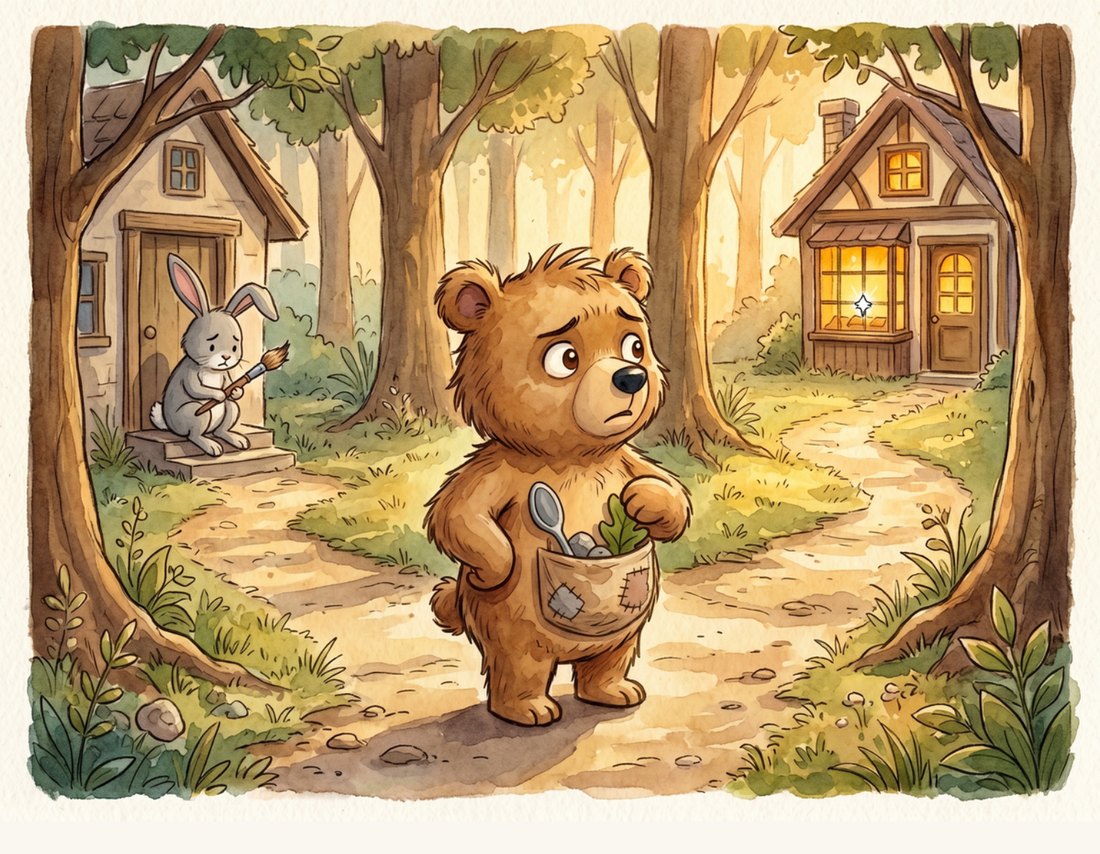 Figgy walking through the woods with three coins in one pocket and his pebble in the other