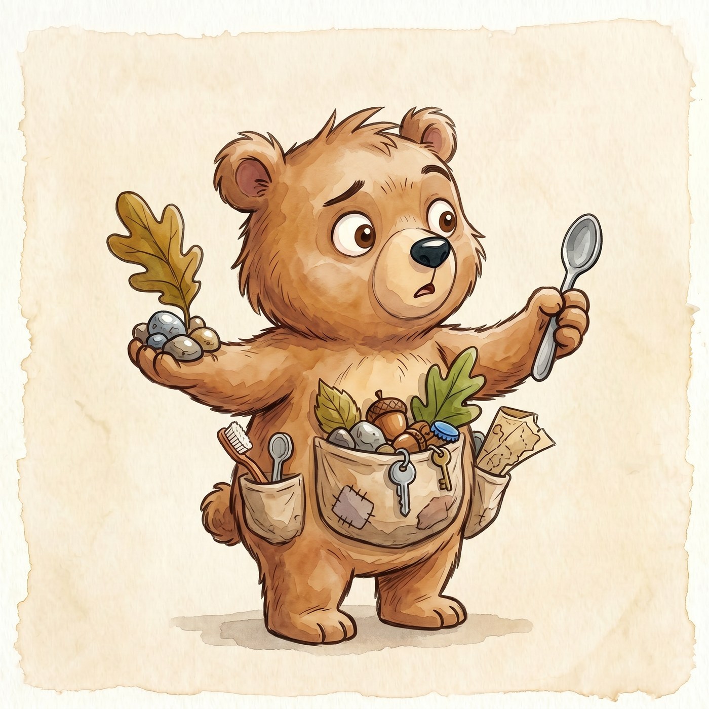 Figgy the bear with arms outstretched, holding stones in one paw and a spoon in the other, pockets full of treasures