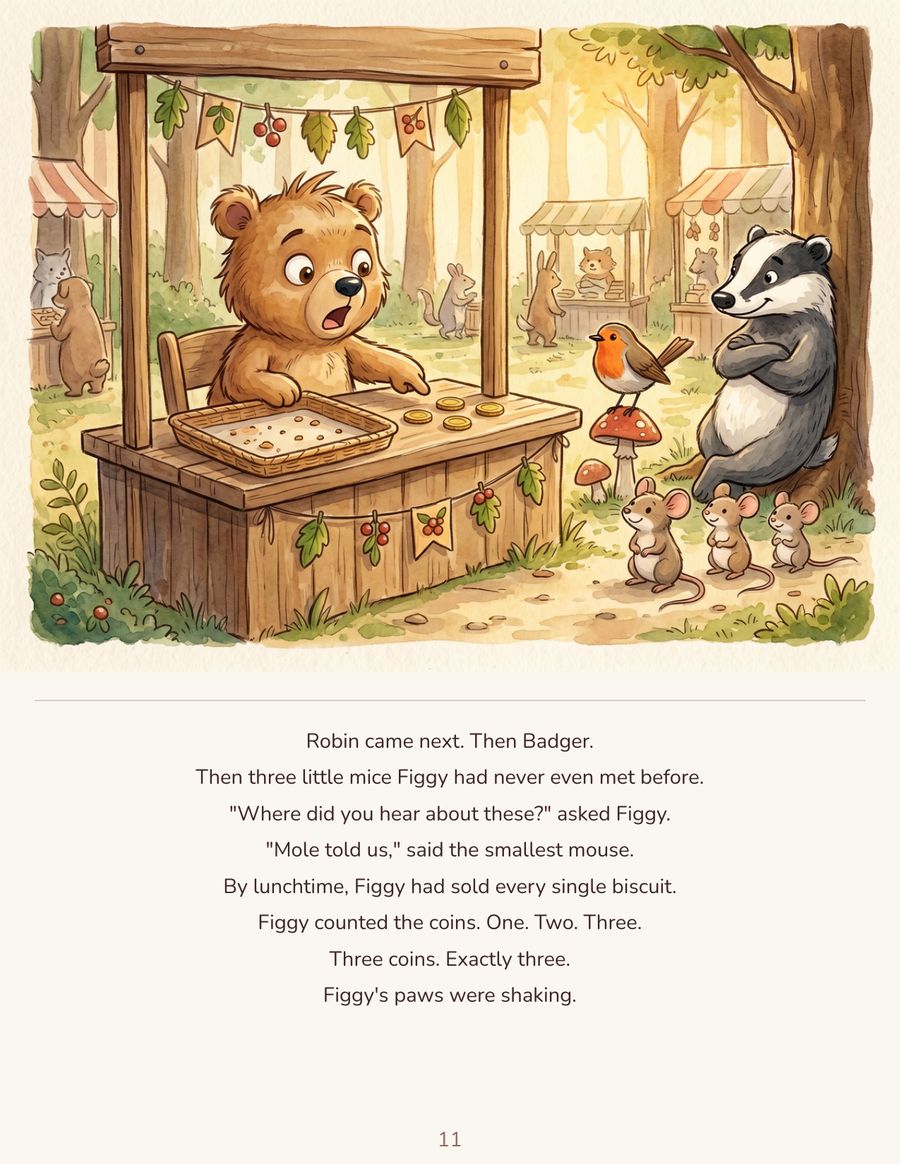 Figgy counting his three coins as customers arrive