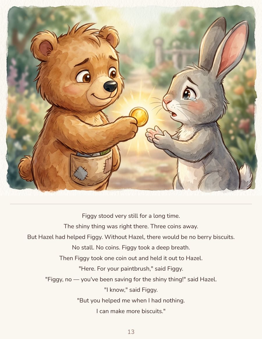 Figgy giving one of his hard-earned coins to Hazel the rabbit